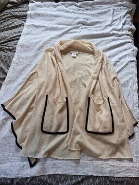 White + Warren 100% Cashmere Open Front Poncho Cardigan, Cream w/Black Trim, M/L
